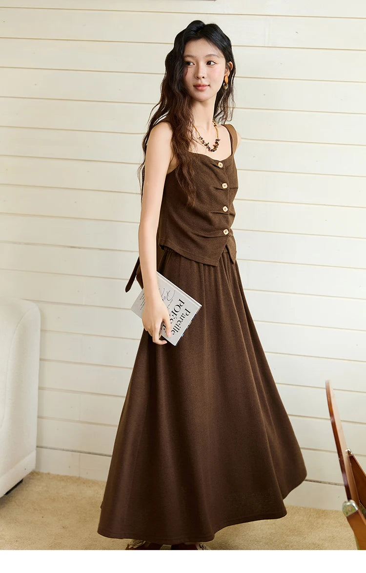 MISHOW Camisole Skirt Suit 2025 Retro Dark Brown Pleated Design Tank Top A-line Skirt Autumn Women's Clothing Set MXE46T1378