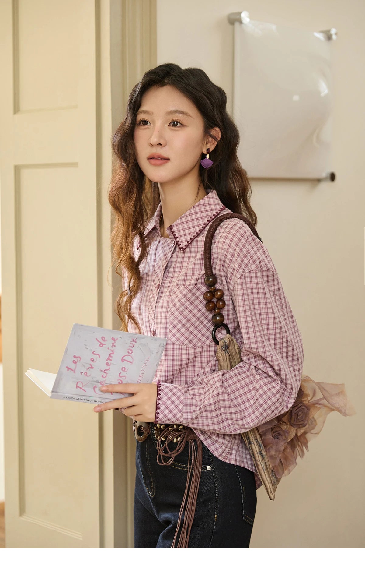 MISHOW Purple Plaid Shirt for Women Autumn 2025 Contrasting Embroidery Irregular Placket Shirt with Pocket Casual Top MXE44C2394