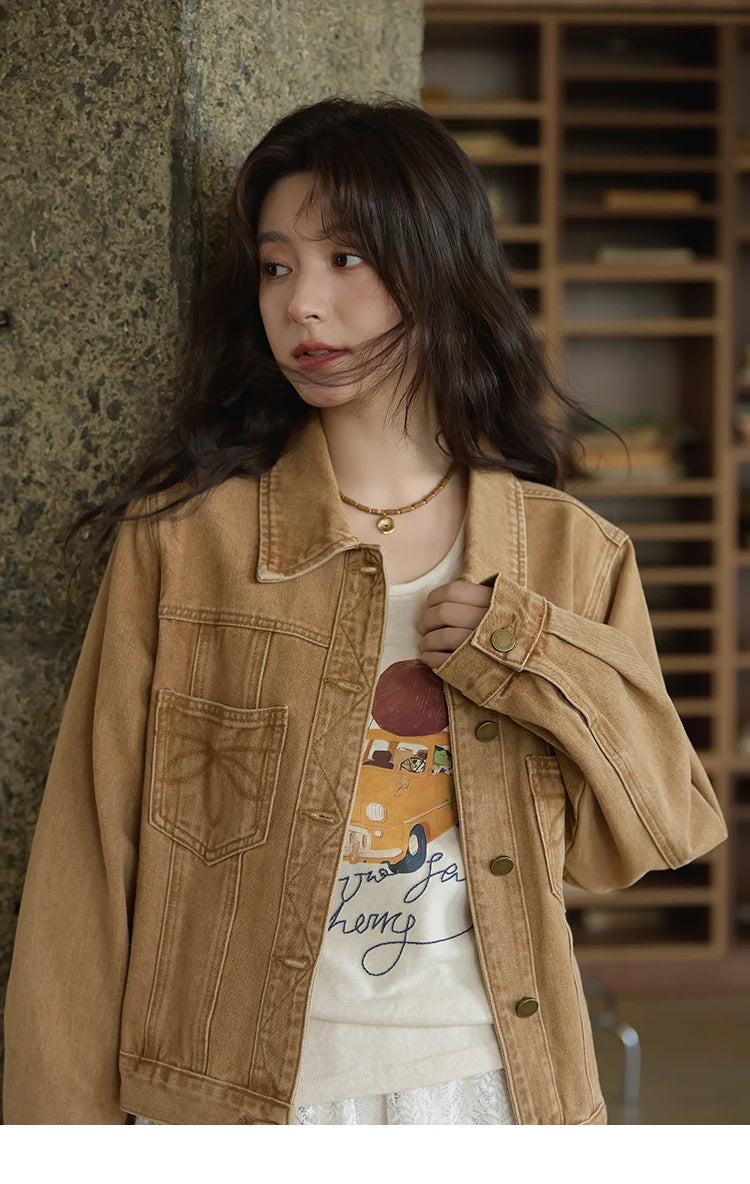 MISHOW Light Brown Vintage Denim Jacket for Women 2025 Autumn Embroidered Pockets Dropped Sleeve Retro Loose Jacket MXE41W0795