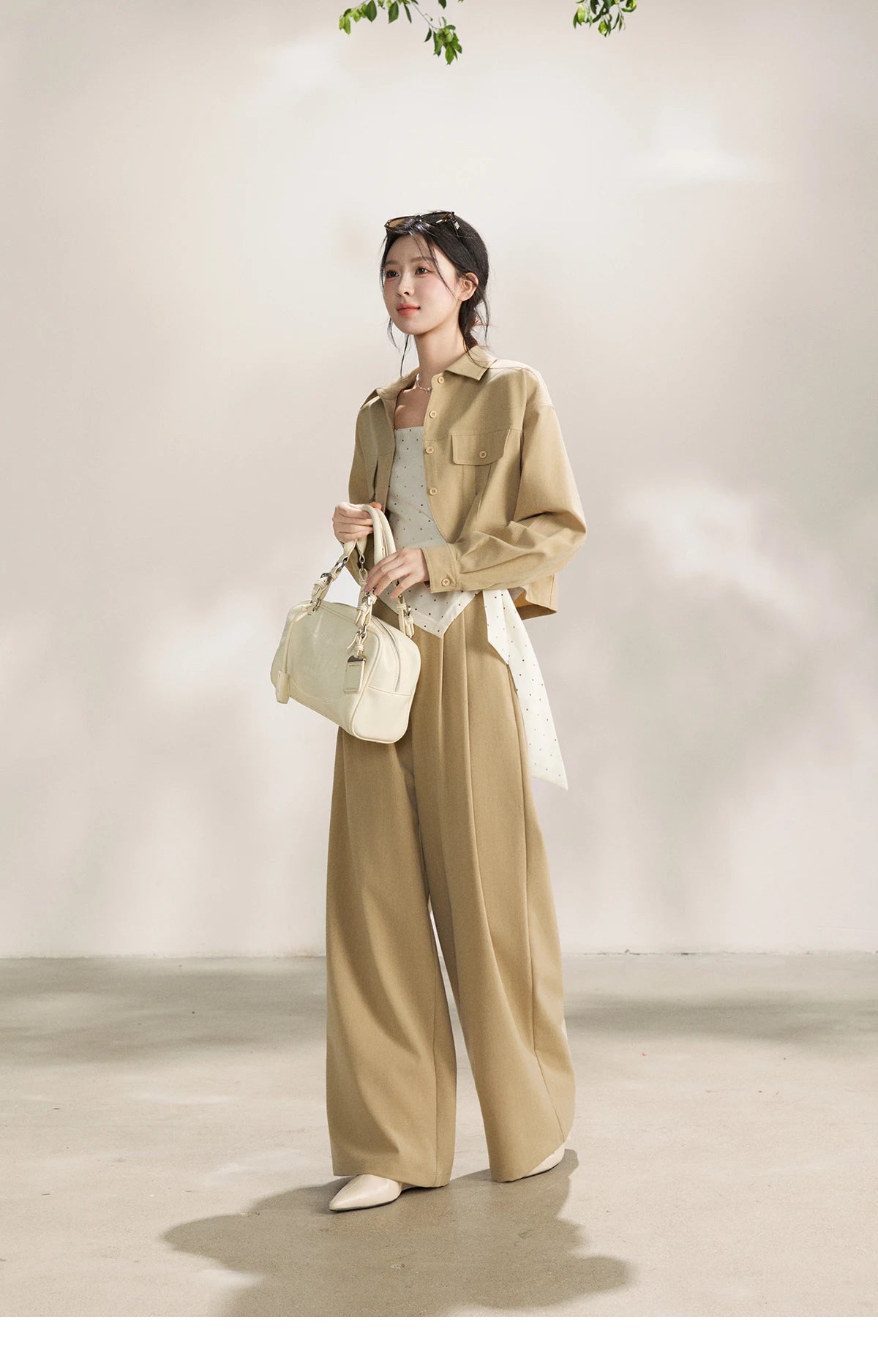 MISHOW Women's Khaki Three-Piece Set Spring Cropped Lapel Short Jacket Irregular Polka Dot Vest Wide Leg Pants Set MXF13T1478