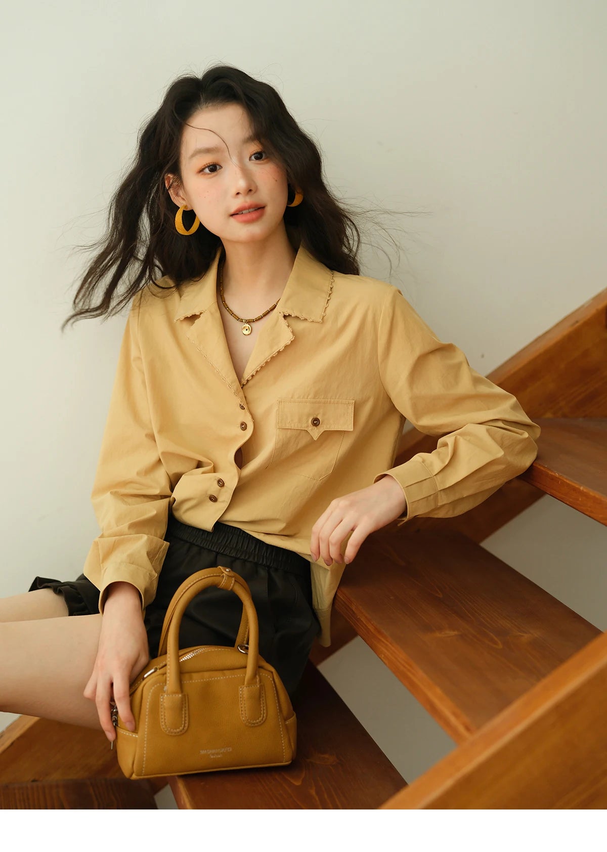 MISHOW Women's Retro Yellow Lapel Cotton Shirt 2025 Autumn Loose Casual Top Contrasting Button with Pocket Shirts MXE41C2356