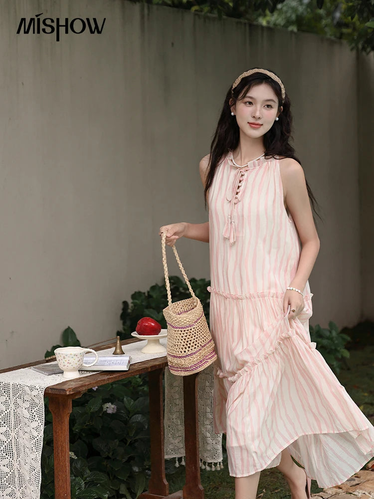 MISHOW Hanging Neck Striped Dress for Women 2024 Summer French Tea Break Camisole Dress Sweet Vacation Long Dresses MXD30L1951