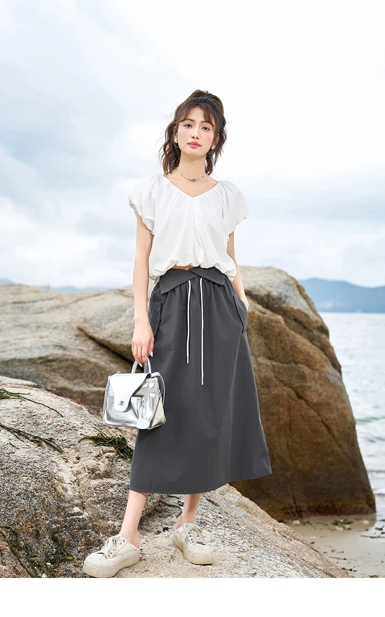 MISHOW Soft Blouses for Women 2025 Summer French Rear Collar Tie Up Solid Short Sleeve Solid V Neck Puff Sleeve Tops MXC38X1275