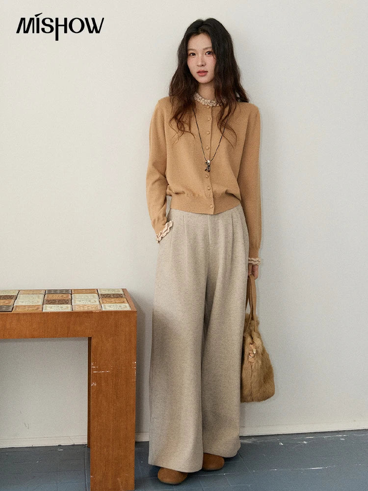 MISHOW Women Knit Cardigan Long Sleeve 2025 Winter Retro Ruffle O-neck Knitted Sweater Loose Casual Commute Khaki Top MXE91Z2749