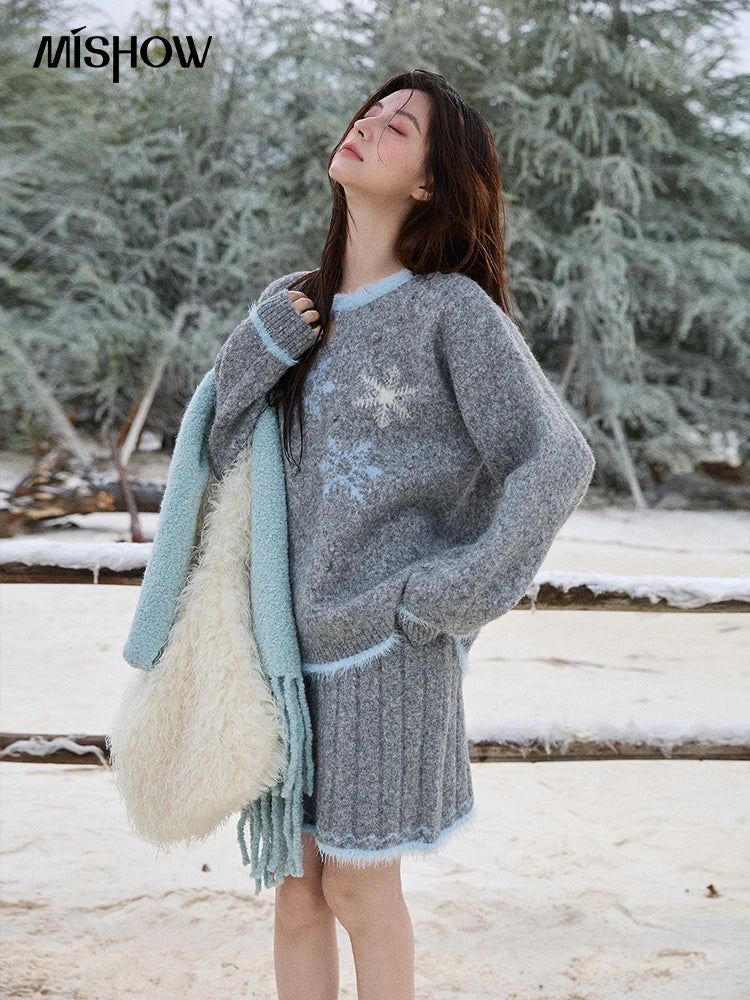 MISHOW Woman Gray Sweater Skirt Suit 2025 Winter Fashion Crew Neck Long Sleeve Sweater Knitted Mini Skirt Suit Woman MXE51T1406