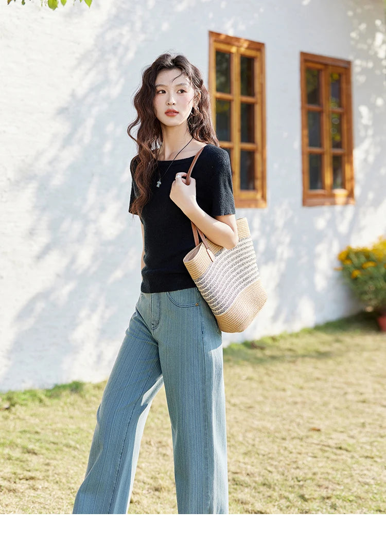 MISHOW Versatile Denim Straight Leg Pants for Women Spring 2025 Embroidery Pockets Commuting Loose Denim Trousers MXE14K0870