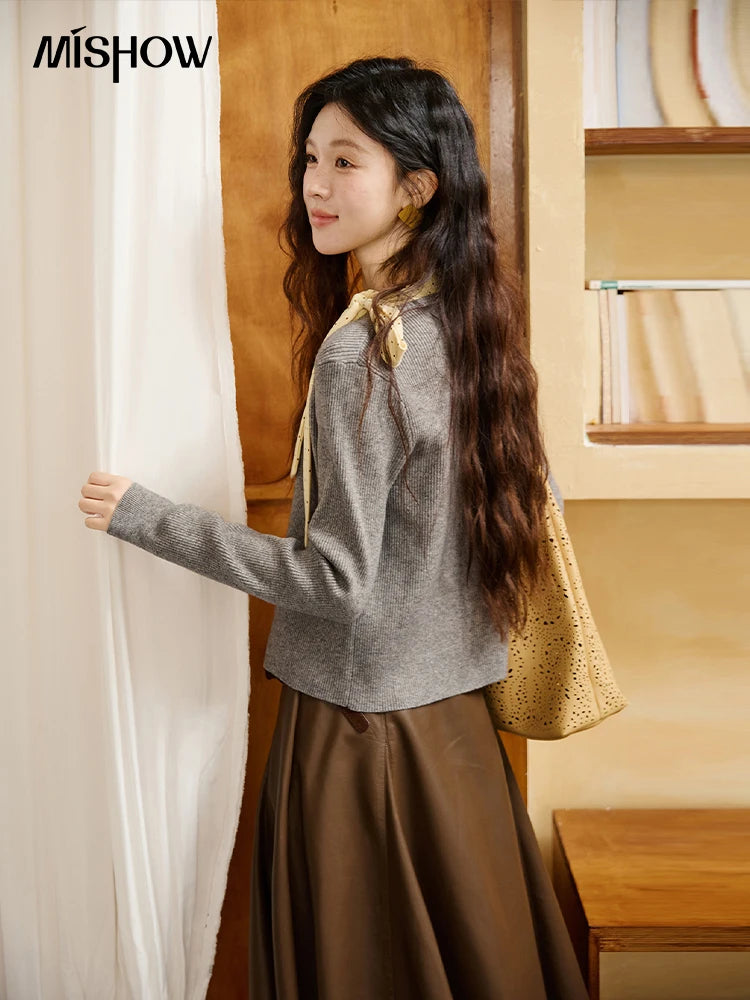 MISHOW Gray Knitted Cardigan Women 2025 Autumn Winter New Ruffled Collar Floral Yarn Striped Loose Lazy Casual Tops MXE45Z1378