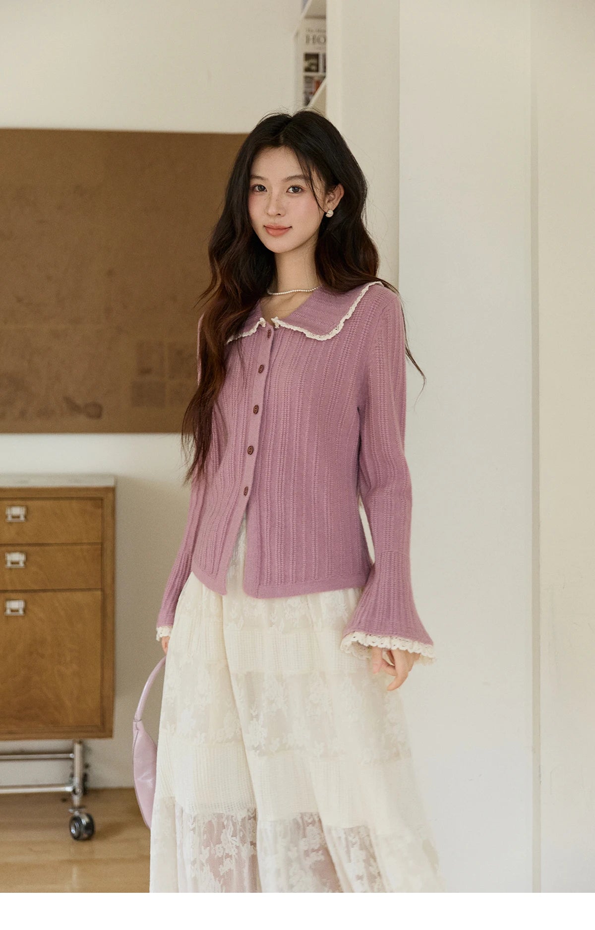 MISHOW Women's Lilac Flare Sleeve Knitted Cardigan 2026 Spring Peter Pan Collar Lace Trim Long Sleeve Slim Casual Top MXF11Z2994
