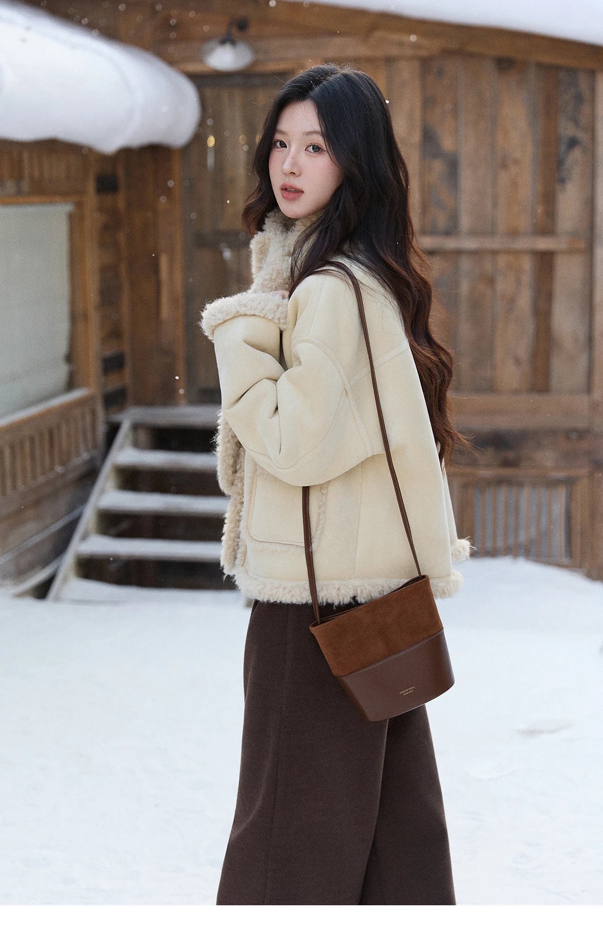 MISHOW Women's Cream Yellow Faux Suede Coat 2025 Winter Included Scarf Thickened Coats Soft Fleece Lined Outerwear MXE91W1019