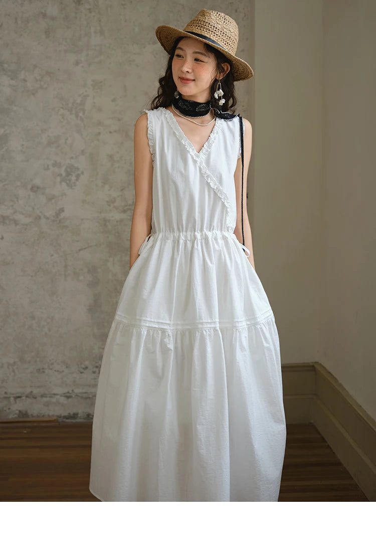 MISHOW Sleeveless Dress for Women Summer 2025 Drawstring Waist Simple Fashion Lace V-neck Dresses Female Clothing MXE37L2331