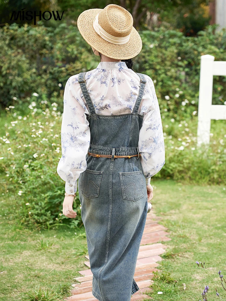 MISHOW Retro Denim Strap Dress for Women Spring Summer 2025 Symmetrical Diagonal Pockets Front Hem Slit Midi Dresses MXD14L1817