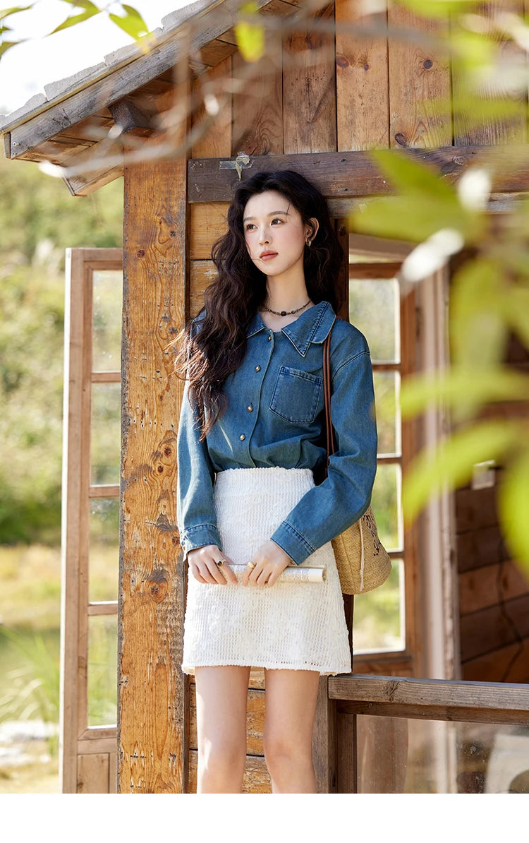 MISHOW Retro Washed Denim Shirt Spring 2025 Double Layered Patchwork Collar Shirt Metal Buckle Single Breasted Tops MXE12C0751