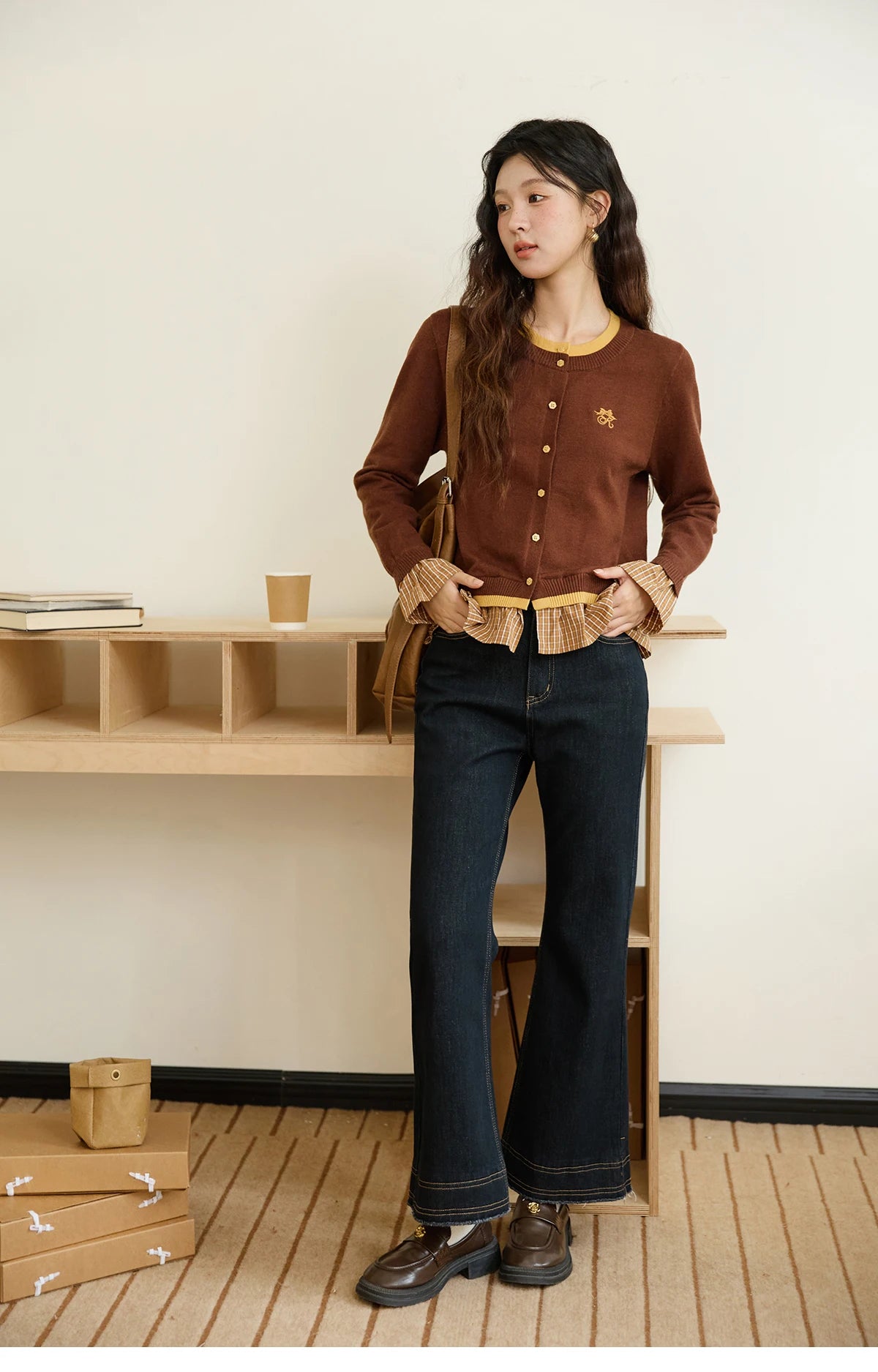 MISHOW Fake Two Knitted Sweaters Autumn Retro Color Contrasting Bow Embroidered Sweater Hemp Cuff Splicing Plaid Top MXE46Z2495