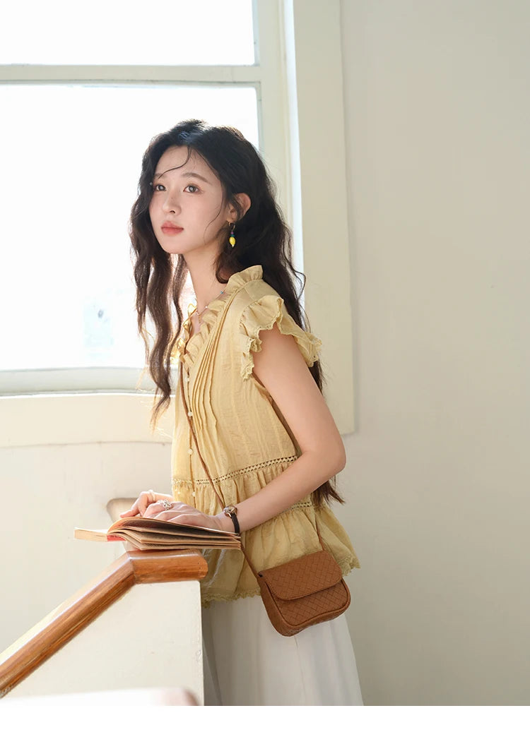 MISHOW Women's Summer Shirt 2025 New Wood Ear V-neck Flying Sleeve Shirt Casual Wrinkle Spliced Button Ladies Top MXE37X1908