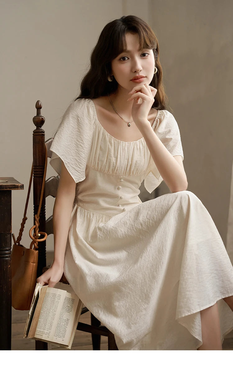 MISHOW Women's Elegant Dress 2023 Summer French A-LINE Butterfly Sleeve Square Collar Solid Lace-up Waist Dresses MXC38L1407