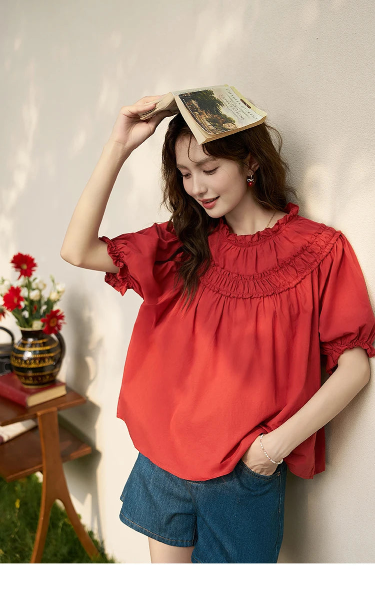 MISHOW French Cotton Bubble Sleeve Blouse Lace Collar MXD23X1500