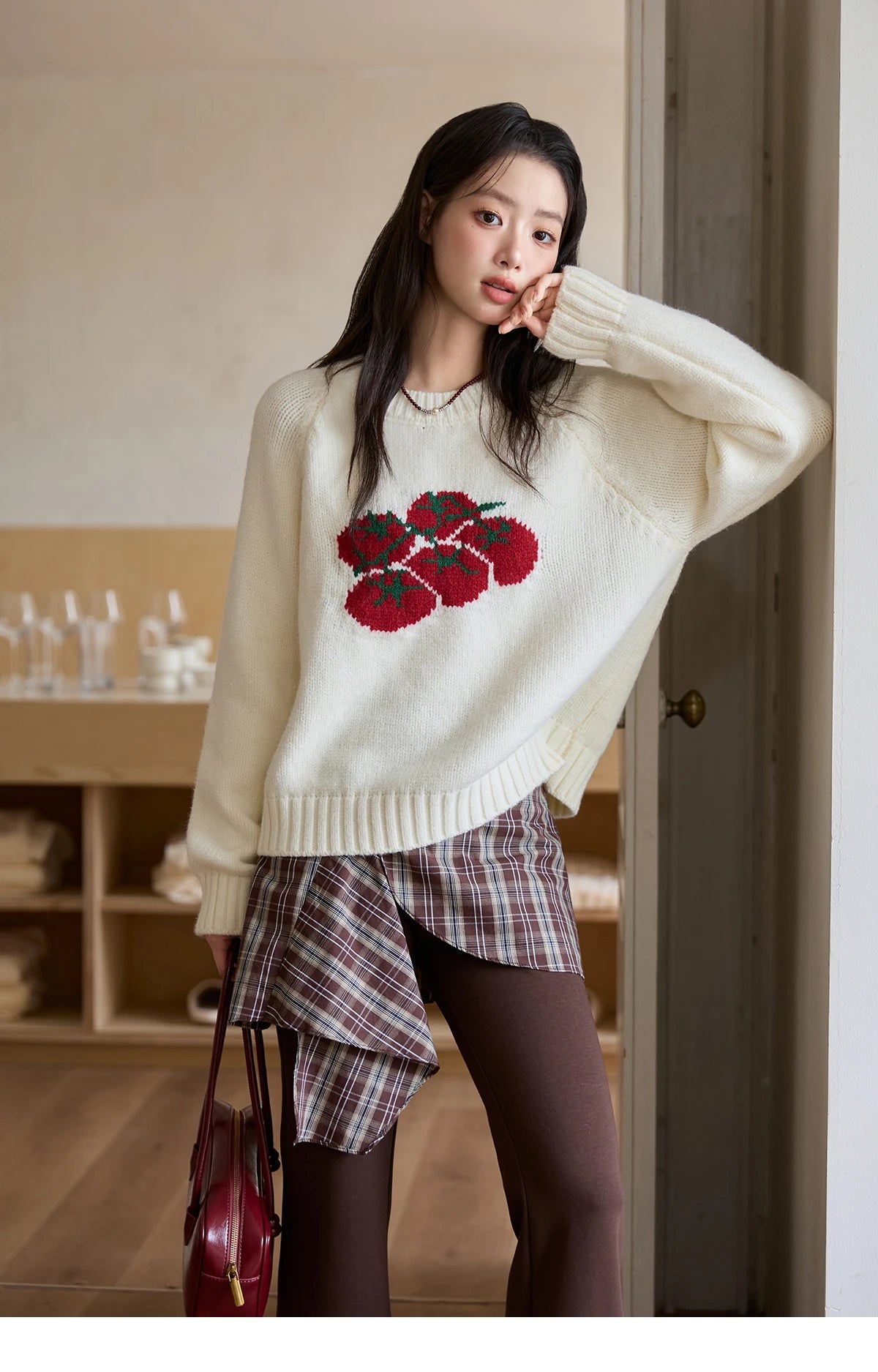 MISHOW Women's Off-white Sweater 2025 Winter new Tomato Jacquard Long-sleeved Sweater Loose Casual Knitted Pullover MXE51Z2692