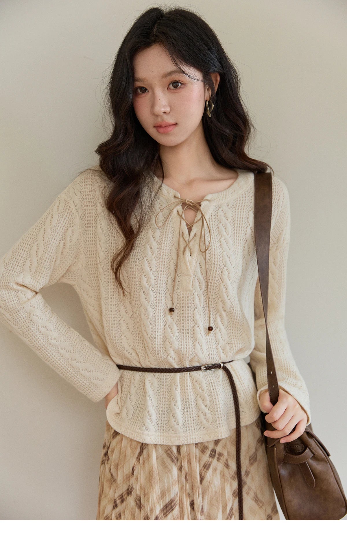 MISHOW Women's Beige Apricot Knitted Sweater 2026 Spring V-Neck Lace-Up Cable Knit Casual Loose Top Excluding Belt MXF108Z1029