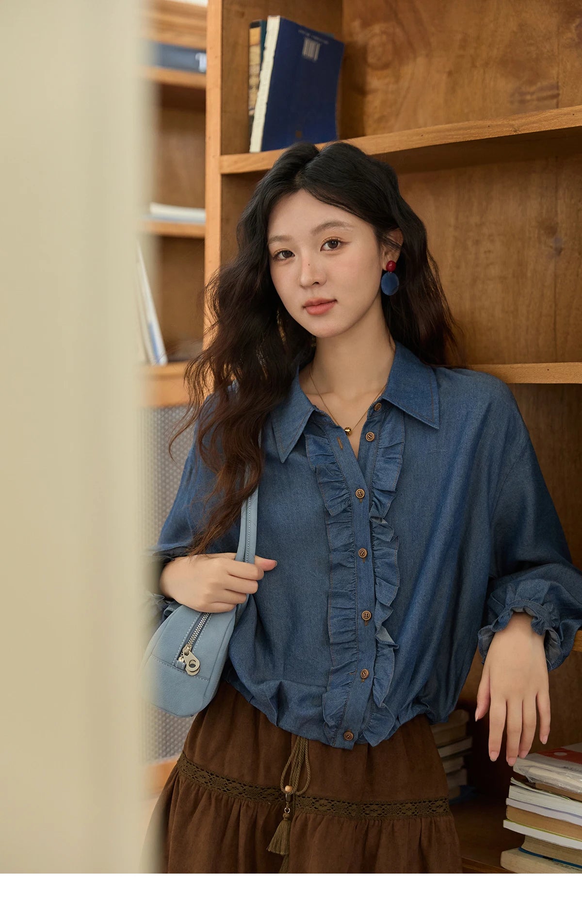 MISHOW Blue Lyocell Imitation Denim Shirt for Women Autumn 2025 Ruffled Placket Contrasting Button Waist Cinc Shirt MXE43C2386