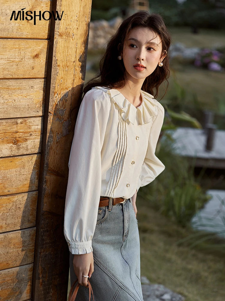 MISHOW French Tucker Pleats Doll Neck Shirt for Women 2025 Spring Straight Shirt Ruffled O Neck Shirts Office Lady MXE12C0401