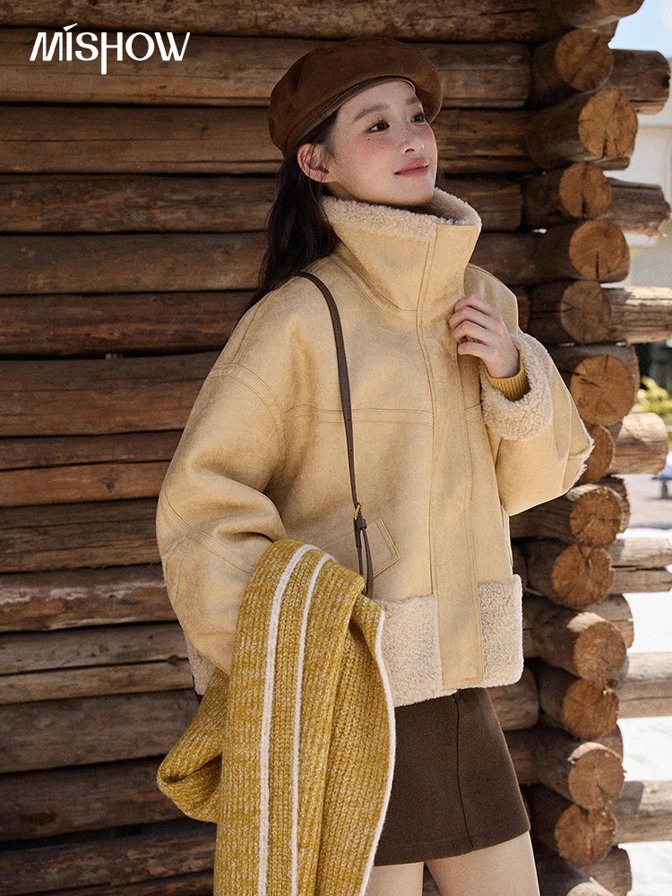 MISHOW Woman Short Jacket 2025 Fashion Yellow Stand Collar Zipper Jacket Luxury Loose Windproof Long-sleeved Coats MXE90W0996