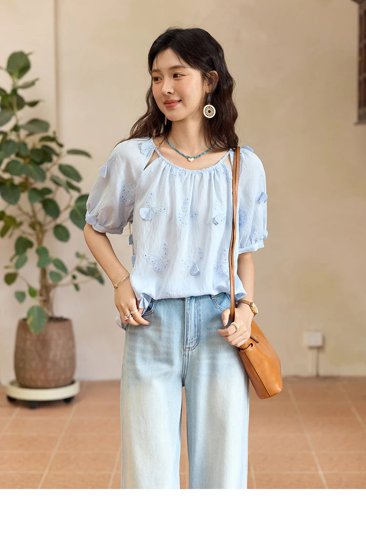 MISHOW Women's Butterfly Embroidery Blouse 2025 Summer New Fashion Hollow Out O-Neck Casual Top Female Clothing MXE36X1878