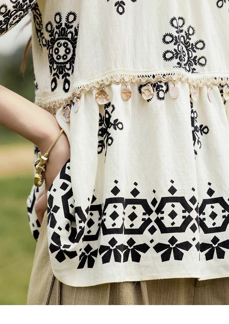 MISHOW Bohemian Print Shirts Women Summer Short Puff Sleeve Square Sleeve Loose Shell Ribbon Stitching Blouses Lady MXE35X1817