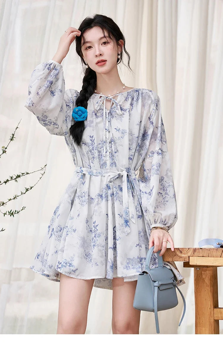 MISHOW Fairy Temperament Floral Puff Sleeved Chiffon Dress Spring Summer 2025 Lace-up O Neck Waist Knee-Length Dress MXD14L1681