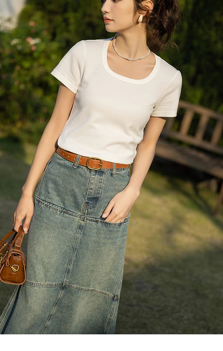MISHOW Short Sleeve T-shirts Women Spring Solid Square-neck Top Elegant Woman Clothes Office Lady Cotton Tees MXC12T0641