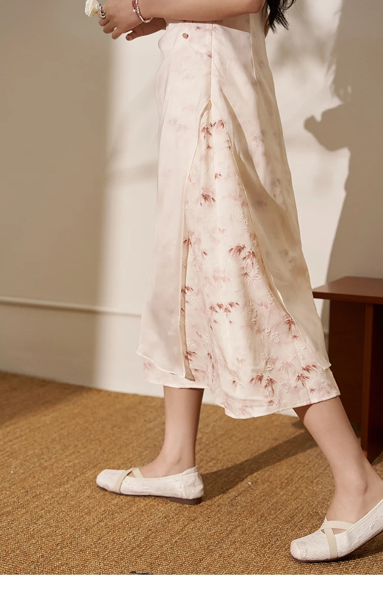 MISHOW Chinese Doll Collar Dresses 2024 Summer Improved Cheongsam Waist Pink Bamboo Printing Splicing Mesh Midi Dress MXD22L1829