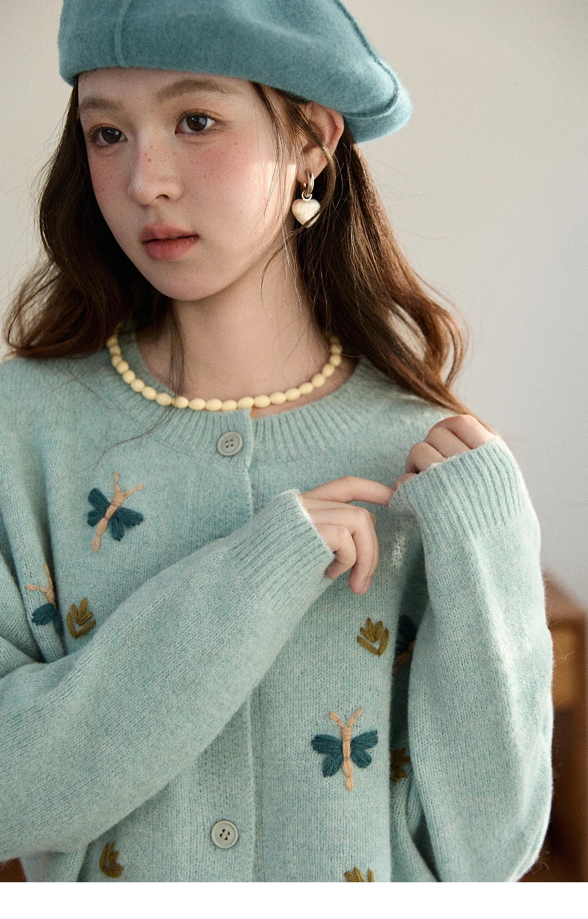 Mishow Blue Butterfly Embroidered O-Neck Cardigan MXE90Z2818