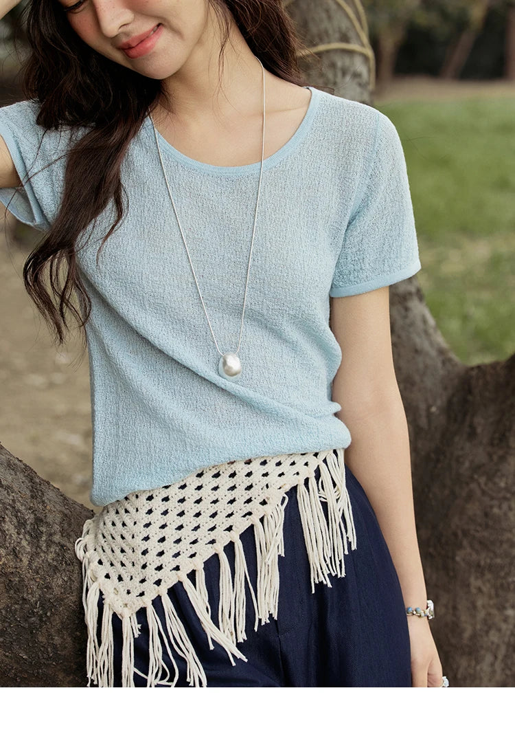 MISHOW Office Lady Women’s T-shirts Summer 2025 Short Sleeve Round Neck Solid Slimming Knitted Shirt Female Fashion MXE34Z1257