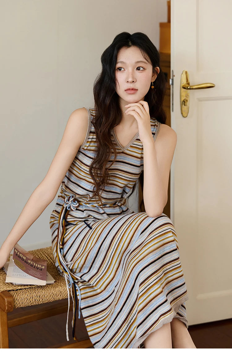 MISHOW Women's Striped V-neck Dress Autumn 2025 Loose Sleeveless Core Spun Yarn Dresses Tied Waist Casual Long Dress MXE46L2521