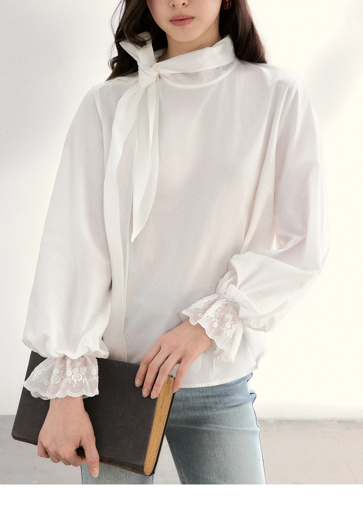 MISHOW Women's White Blouse Spring Bow Tie Neck Lantern Sleeve Patchwork Lace Blouses Casual Elegant Top Office Lady MXF108C0814