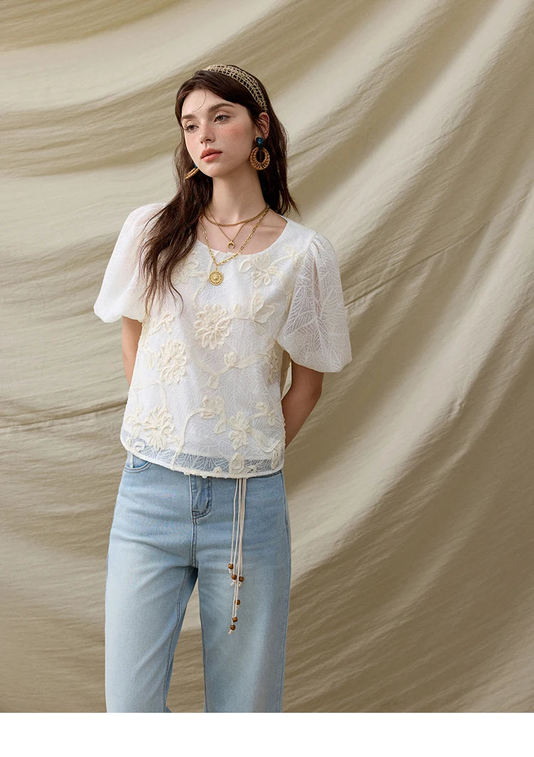 MISHOW French Summer Blouses Women New 2025 Short Puff Sleeve Round Neck Jacquard Flower Slim Shirts Woman Versatile MXE32X1772