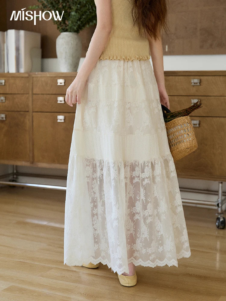 MISHOW Women's Cream Lace Maxi Skirt 2026 Spring Summer Floral Embroidery Tiered Ruffled High Waist Casual Long Skirt MXF11B2462