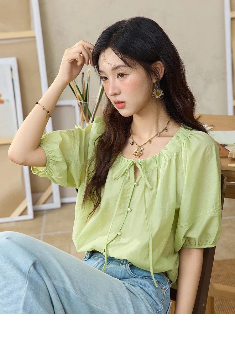 MISHOW Women's Round Neck Blouse 2025 Summer New Fashion Lace Up Puff Sleeve Casual Chiffon Top Ladies Clothing MXE36X1875