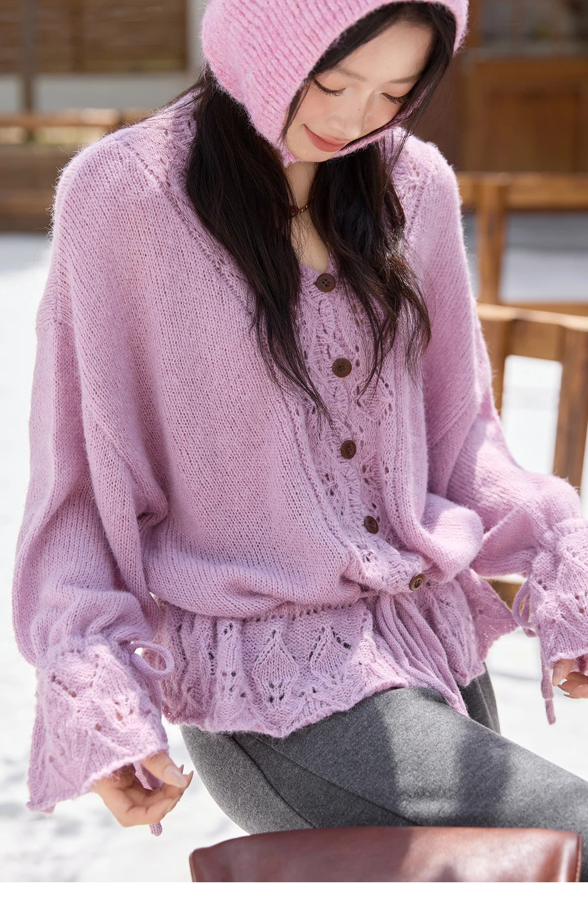 MISHOW Elegant Cardigan Women 2025 Autumn Design Hollow Knit Sweater V-neck Flared Sleeves Loose Casual Sweater MXE47Z2513