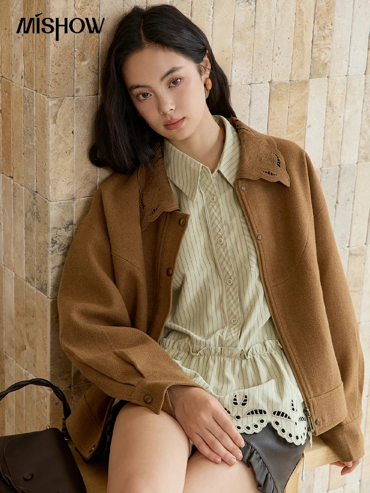 MISHOW Brown Woolen Coat for Women 2025 Winter Hollow Out Embroidery Turn Down Collar Retro Short Loose Casual Coat MXE49W0856