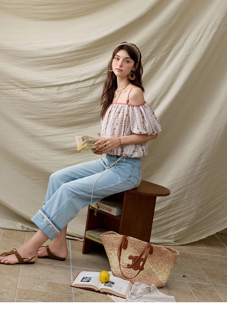 MISHOW French Summer Blouses Women New 2025 One-shoulder Floral Short Sleeve Contrast Color Shirts Woman Fashion MXE31X1767