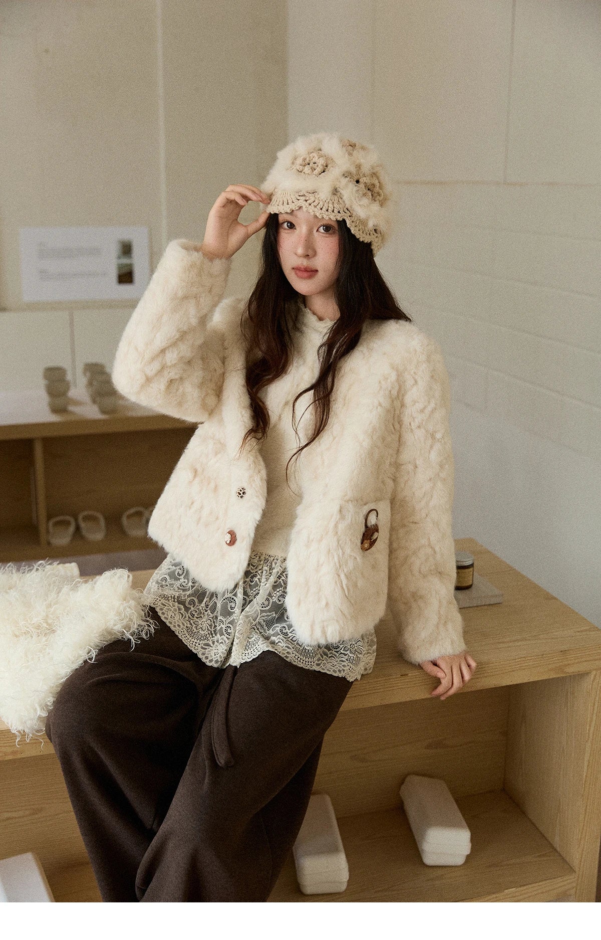 MISHOW Women's Winter Jacket 2025 Sweet Pink Faux Rabbit Fur Coat with Pockets Handcrafted Vintage Buttons Outerwear MXE87W0990