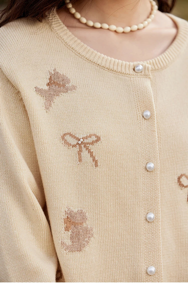 MISHOW Dog Bow Jacquard Knitted Sweater 2025 Spring Yellow Single Row Pearl Button Top Round Neck Elegant Sweaters MXE13Z1197