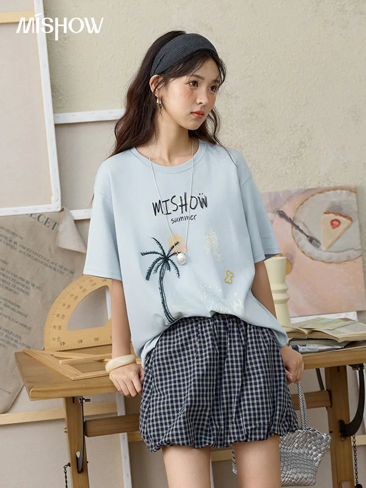 MISHOW Casual Print T-shirts Women 2025 Summer New Short Sleeve Round Neck Coconut Tree Pattern Shirt Woman Holiday MXE31T0516