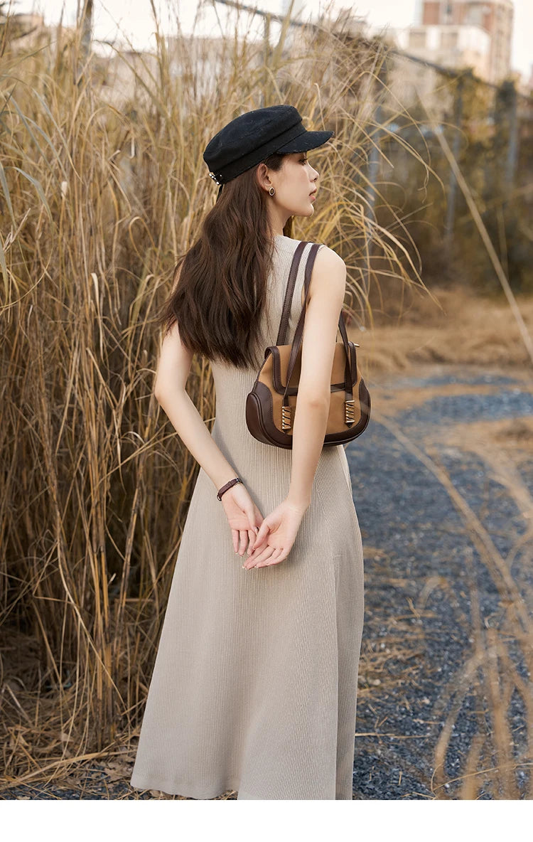 MISHOW Knitted Round Neck Sleeveless Dress for Women 2025 Autumn French Slim Fit Waist Solid A-LINE Pullover Dresses MXC43L1590