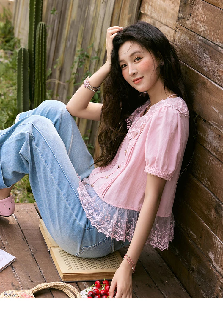 MISHOW Women's Pink Spliced Lace Round Neck Blouses 2025 Summer Lace Hem Sweet Blouse Single Row Metal Buttons Top MXE32X1768