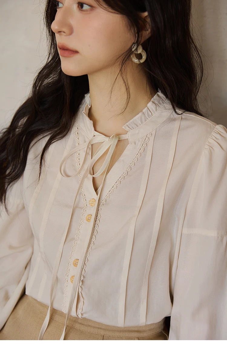 MISHOW French 100% Lyocell Apricot Shirt 2025 Autumn Flared Sleeves Lace Edges Shirts V-neck Slim Top Office Lady MXE41C2351