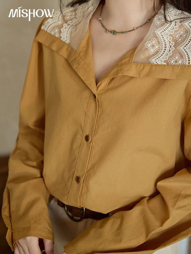 MISHOW Autumn Solid Cotton Shirt Autumn V-neck Double-layer Lace Retro Design Shirts Single Breasted Tops Office Lady MXE41C2366
