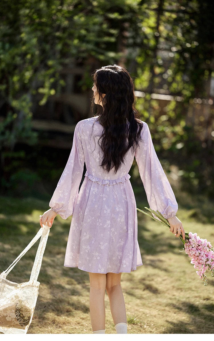 MISHOW Iris Chiffon Dress for Women Spring 2025 Waist Slim Black Fungus Edge Straps Dresses Purple Floral Fairy Dress MXE13L2095