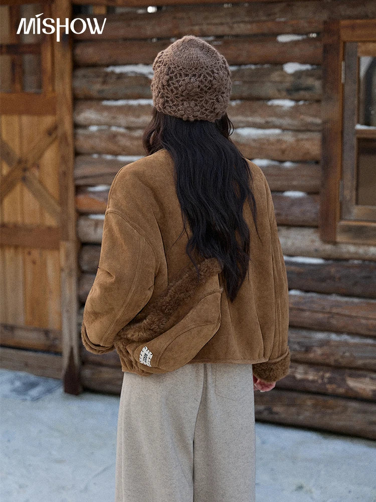 MISHOW Women's Warm Jacket 2025 Retro Luxury Brown Round Neck Long Sleeve Coat Commuting Windproof Loose Coat Woman MXE90W0994