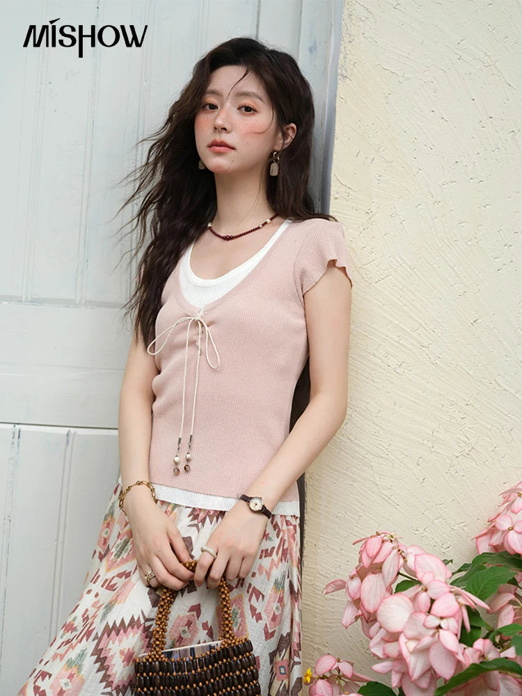 MISHOW Round Neck Patchwork Knitt Sweater for Women 2025 Summer Flying Sleeve Lace Up Versatile Top Female Clothing MXE37Z1278